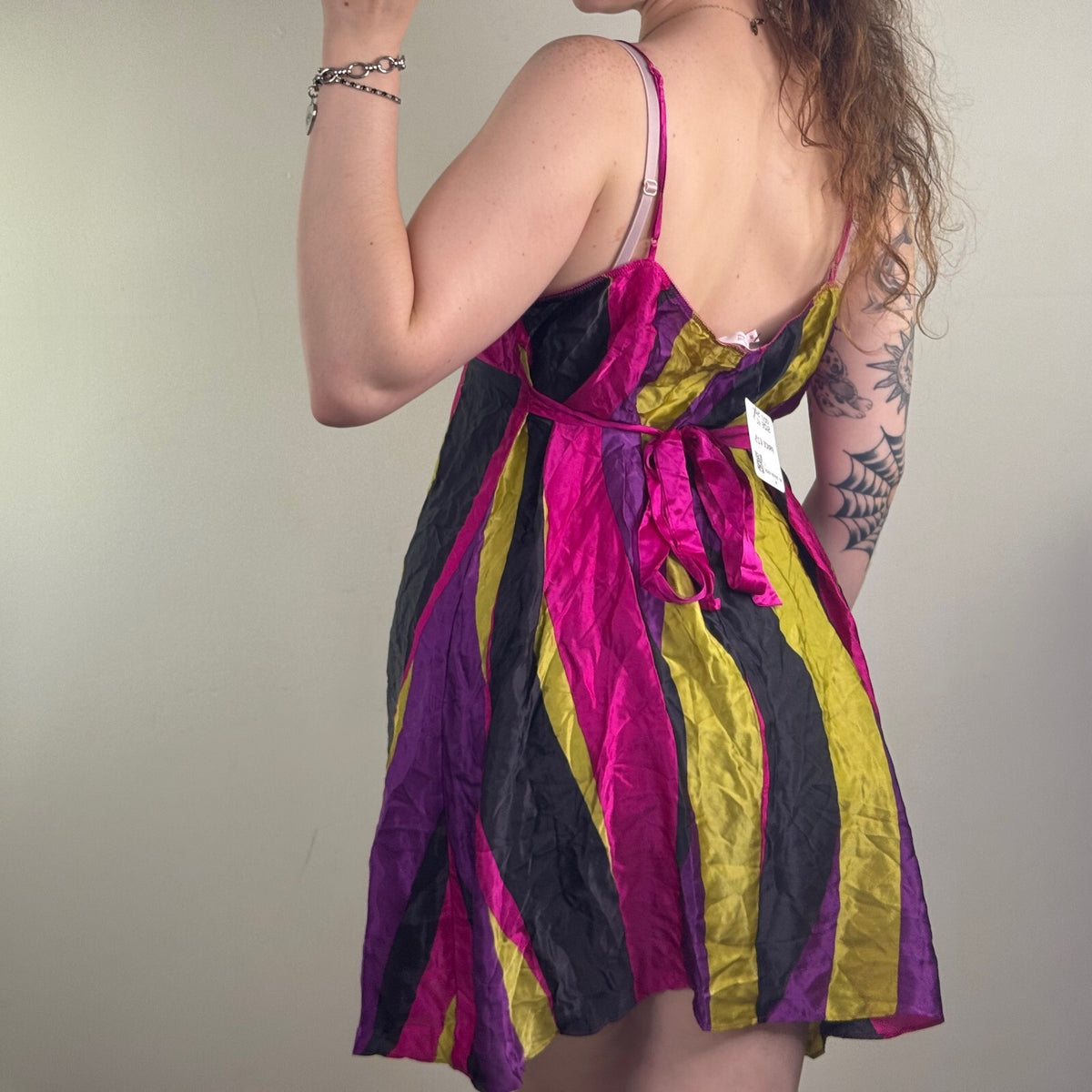Y2K vintage 100% silk cami top stripe tie back bow babydoll strappy long tunic
