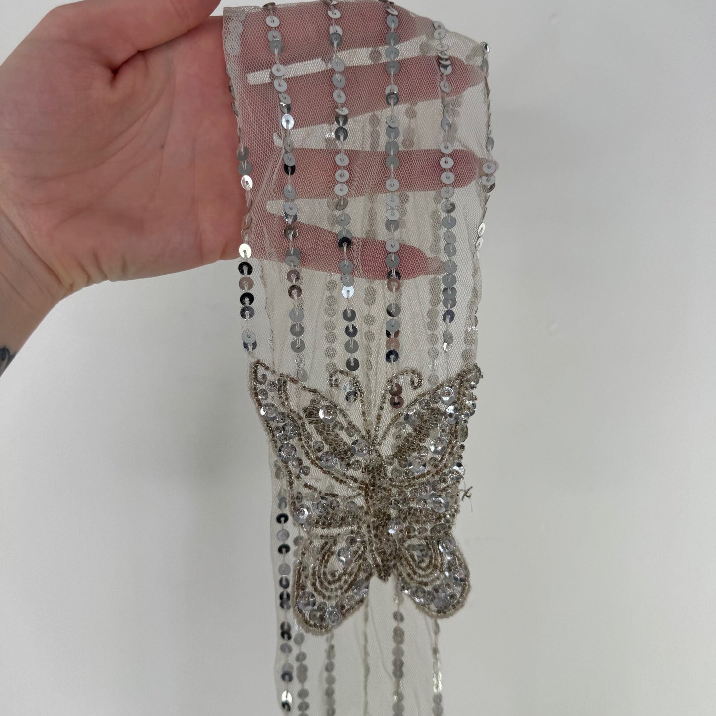 Y2K vintage scarf sheer mesh sequin butterfly short silver embellished