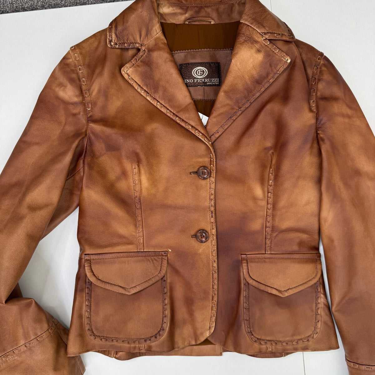 Y2K vintage genuine leather jacket button faded whipstitch burnished tan blazer