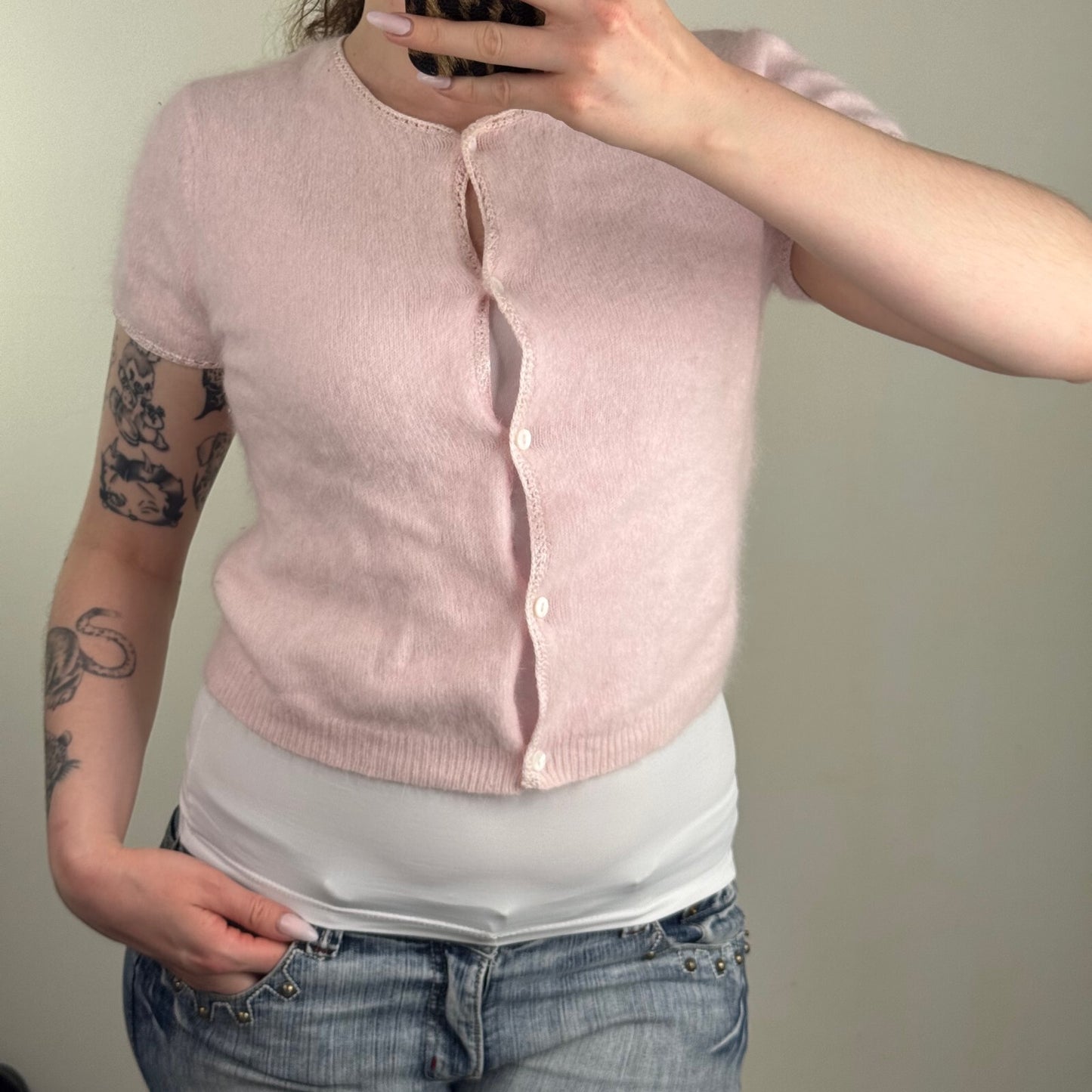 Y2K vintage angora blend short sleeve top button up crop baby pink knit