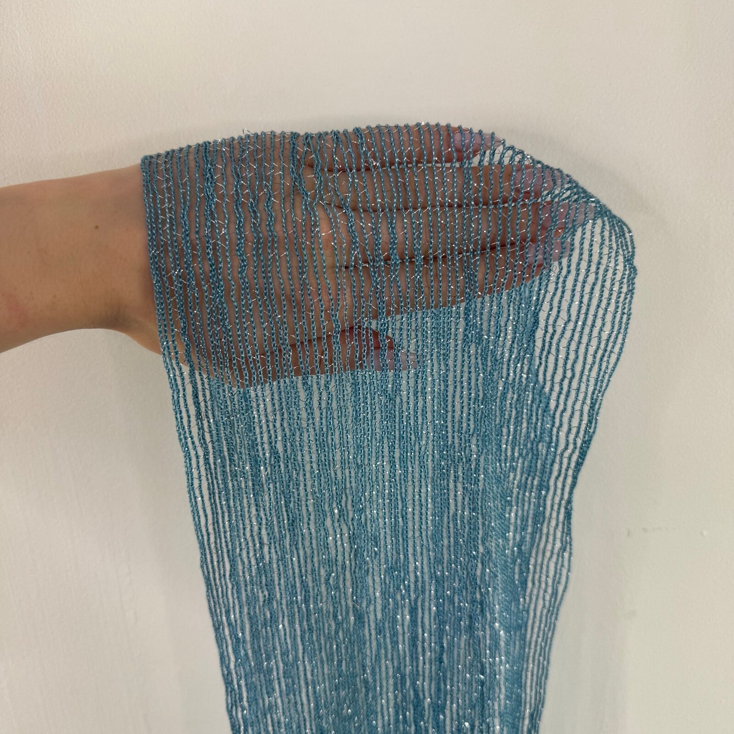 Y2K vintage scarf skinny thin sheer fine knit light blue fringe sparkly glitter