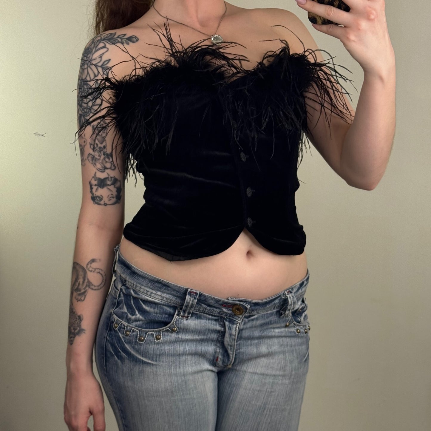 Vintage 1980s Laura Ashley bustier top boned velvet feather trim button up crop