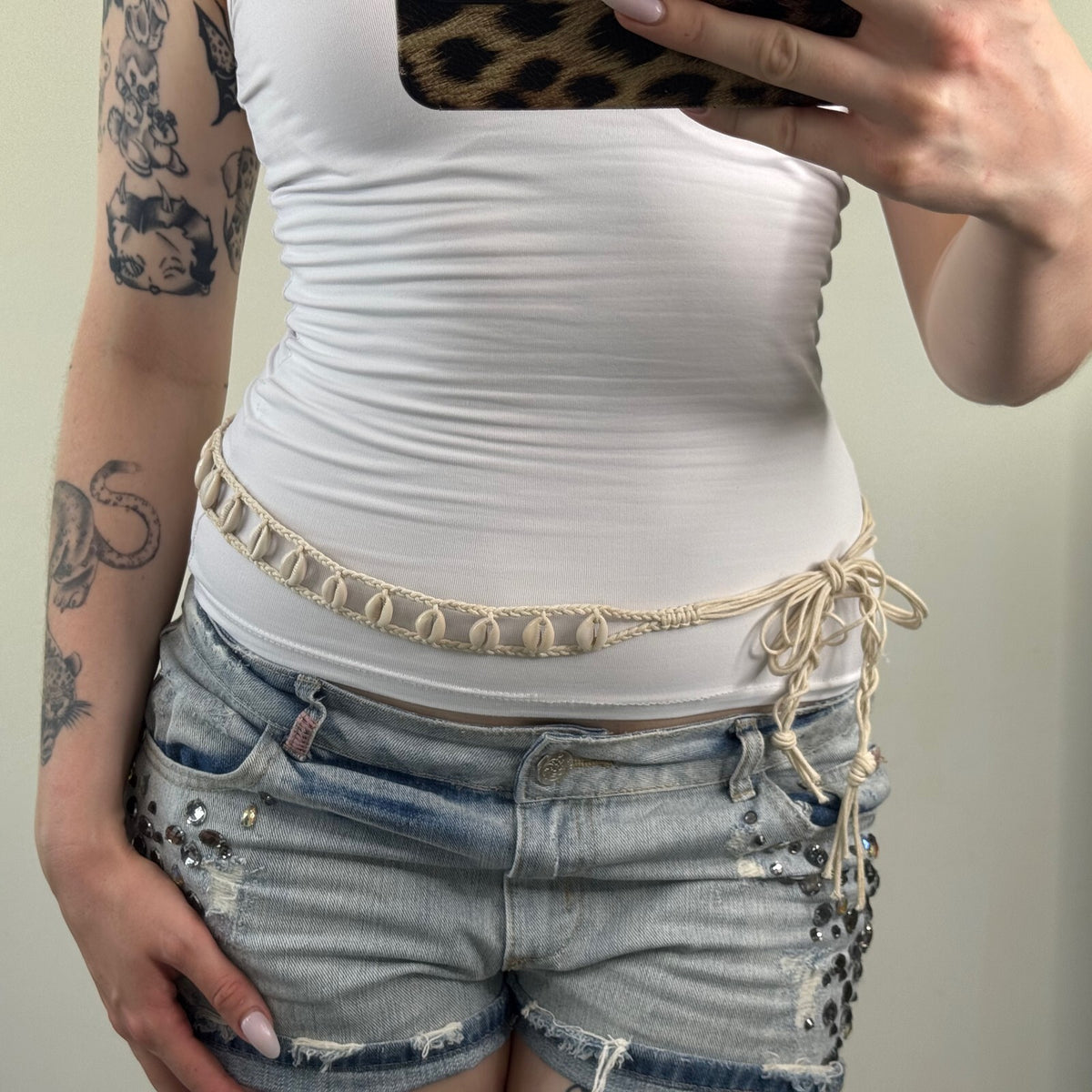 Y2K vintage belt shell woven braided skinny thin beige sea adjustable bow