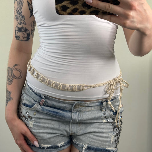 Y2K vintage belt shell woven braided skinny thin beige sea adjustable bow