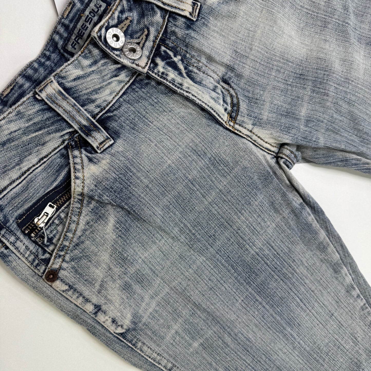 Y2K vintage low rise bootcut denim jeans faded distressed stripe wash