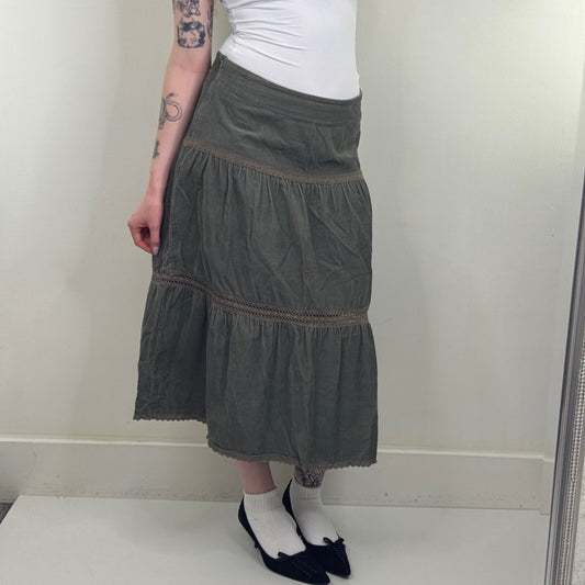 Y2K vintage corduroy maxi skirt tiered broderie anglaise khaki a line boho