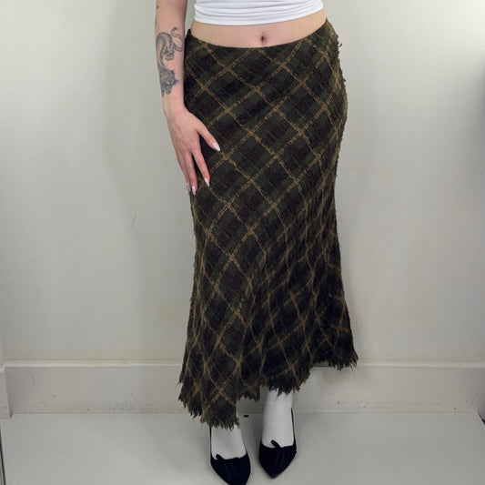 Y2K vintage Per Una maxi skirt tartan check wool blend dark green boho knit