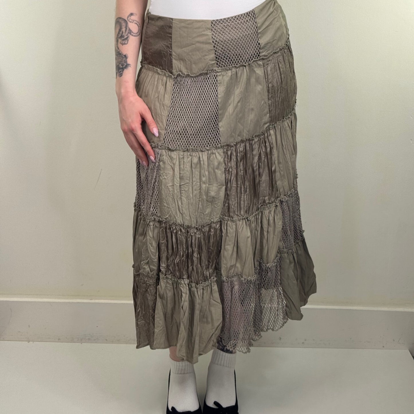 Y2K vintage maxi skirt patchwork satin fishnet khaki crinkle a line boho