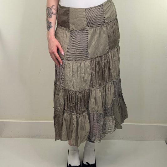 Y2K vintage maxi skirt patchwork satin fishnet khaki crinkle a line boho