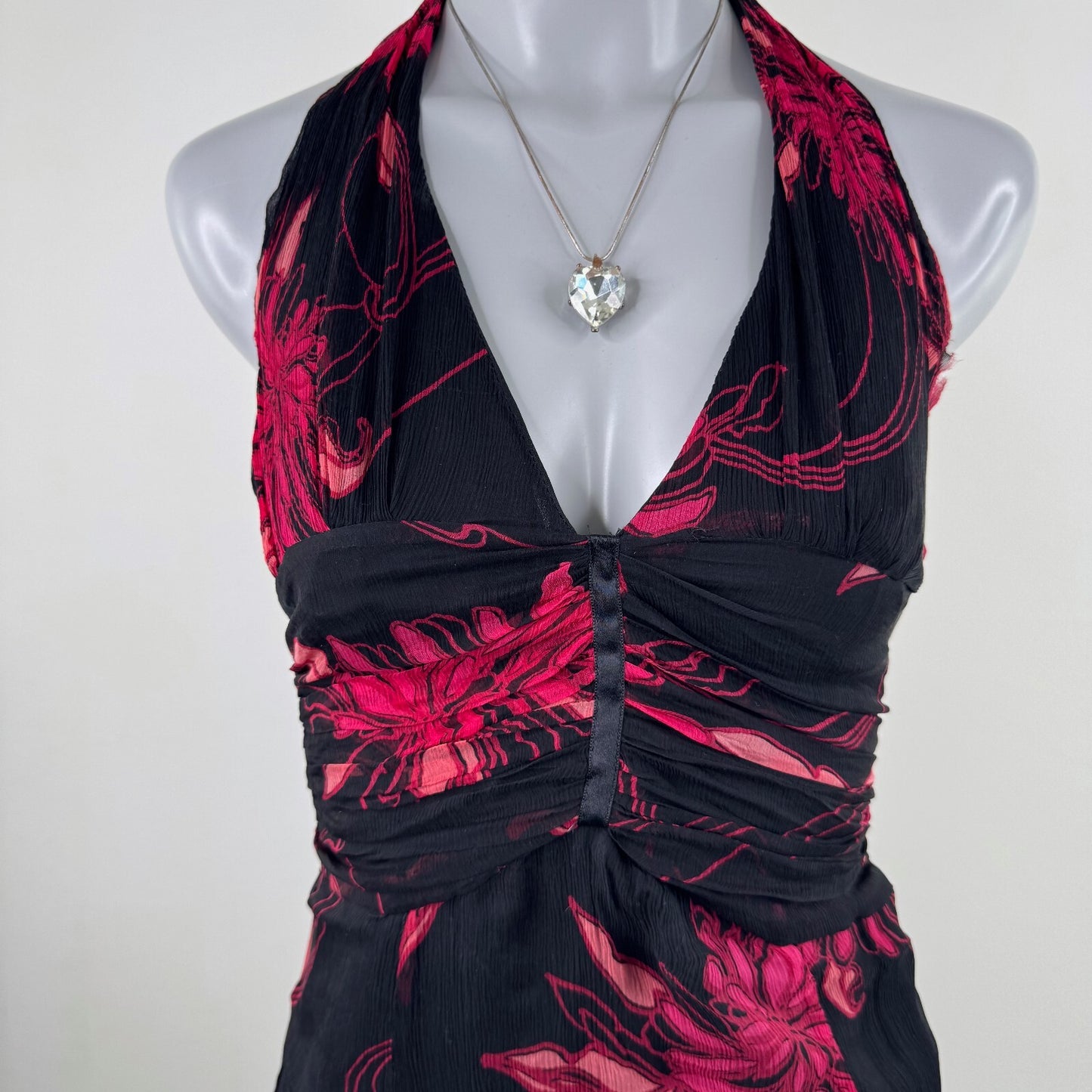 Vintage Karen Millen 100% silk midi dress halter neck floral occasion y2k 2000s