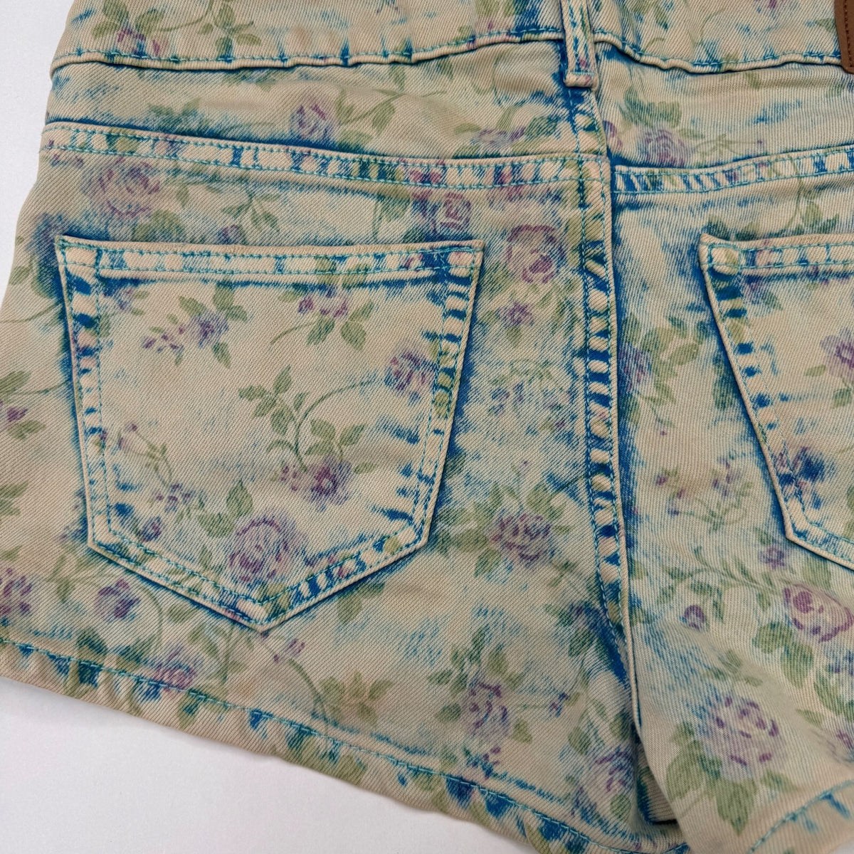 Vintage 2010s denim mini shorts low rise floral faded pattern boho stretchy