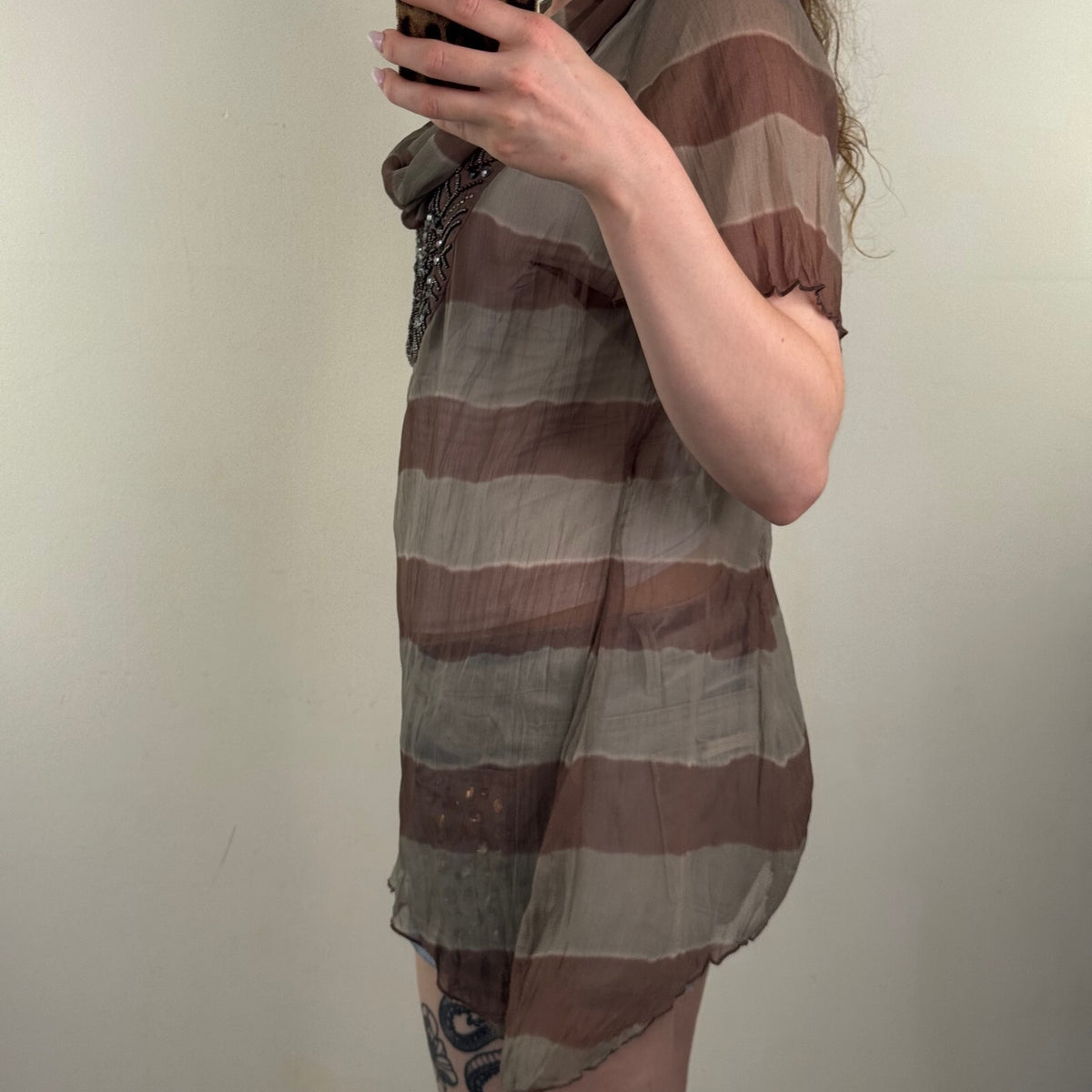 Y2K vintage blouse stripe boho cowl neck embellished sheer short sleeve
