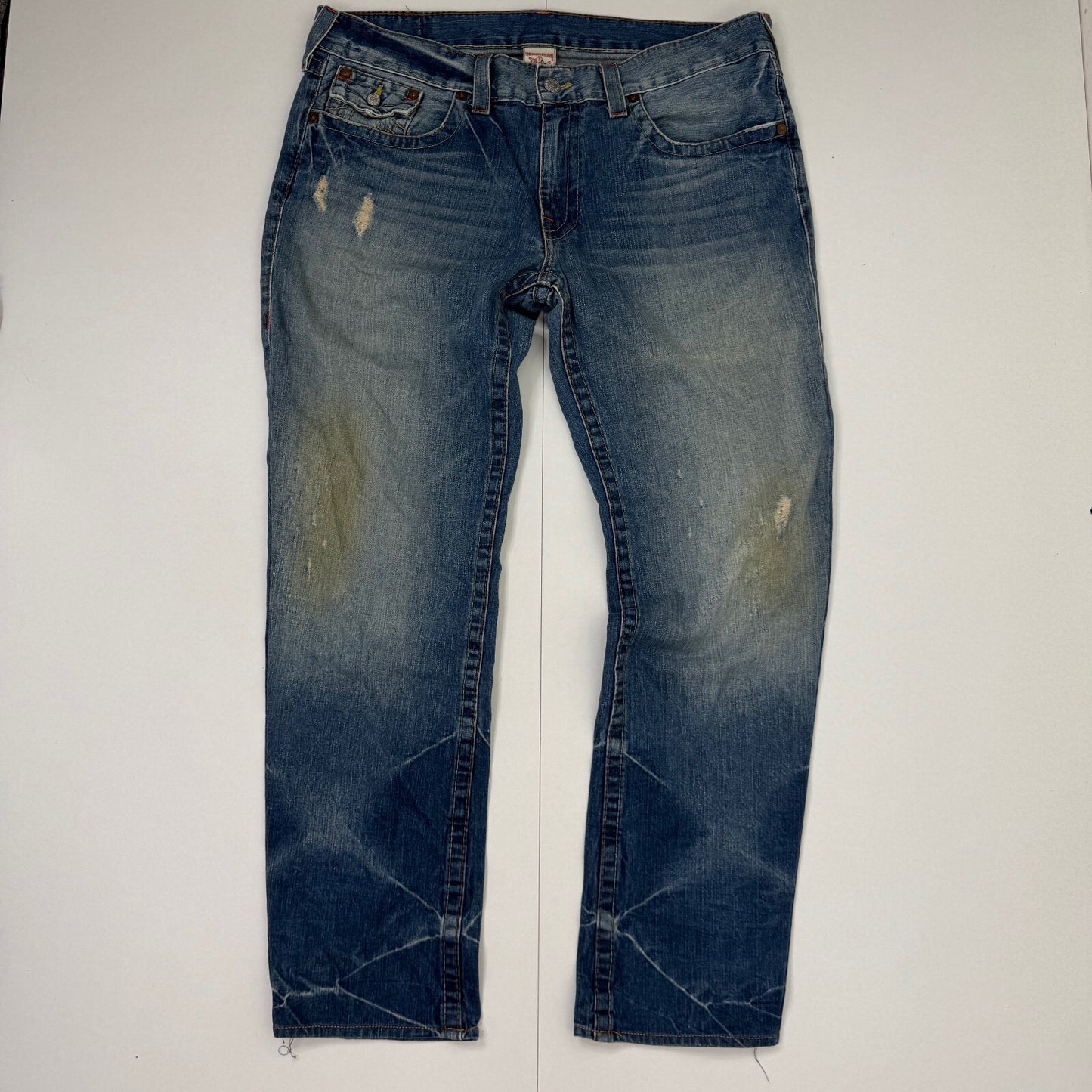 Y2K vintage True Religion bootcut jeans faded blue denim wash embroidered Billy