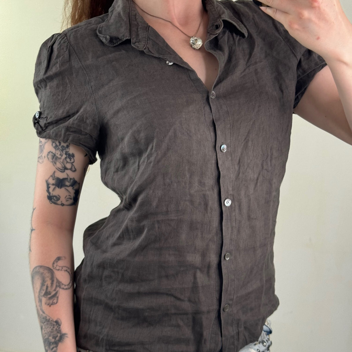 Y2K vintage linen blouse button up dark brown shirt short sleeve lightweight