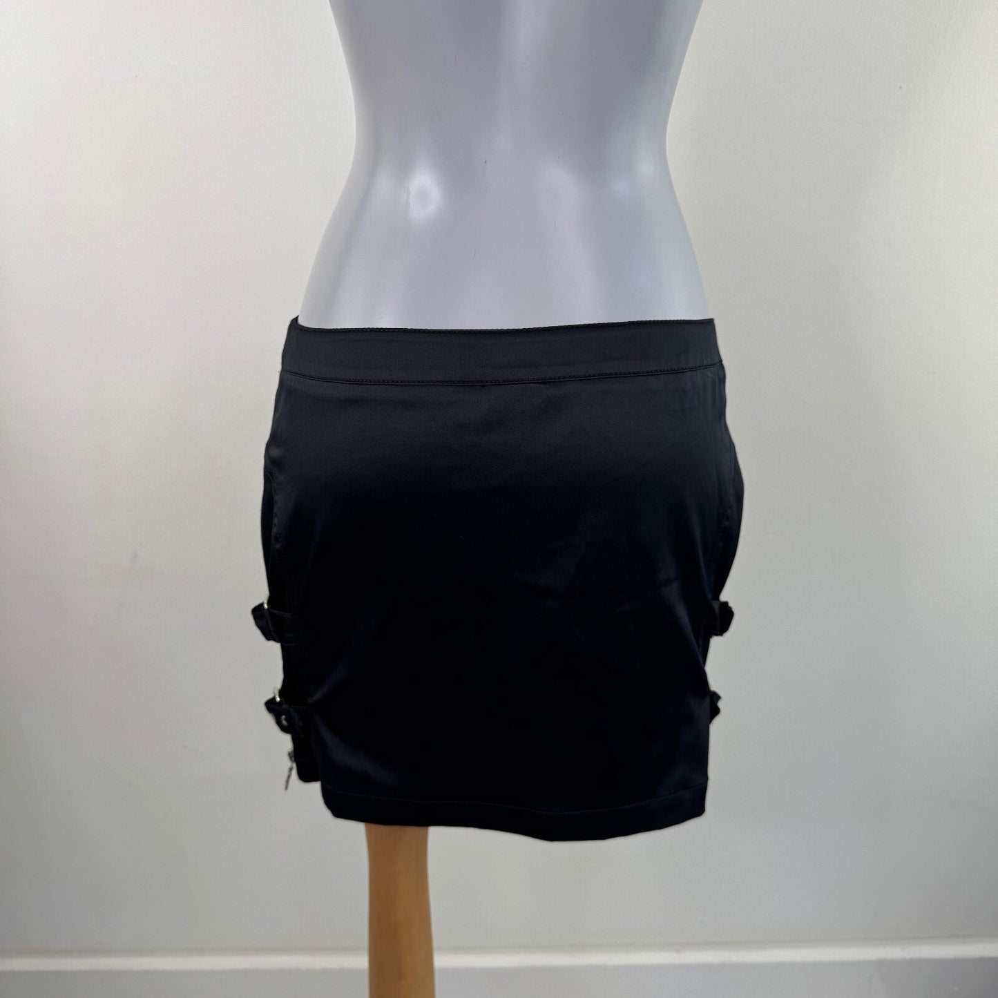 Y2K vintage mini skirt low rise satin zippers black silver buckle