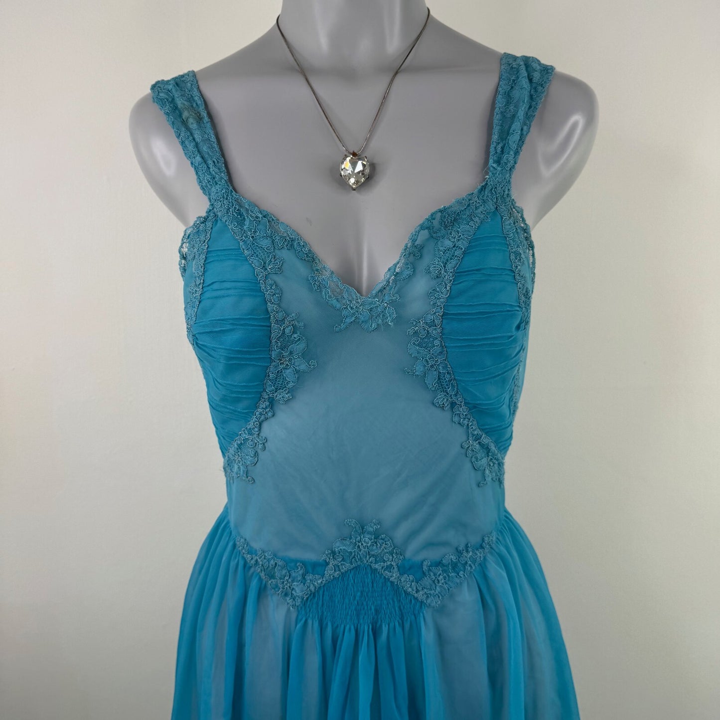 Vintage lingerie sheer maxi dress mesh lace trim bow coquette chiffon nightdress