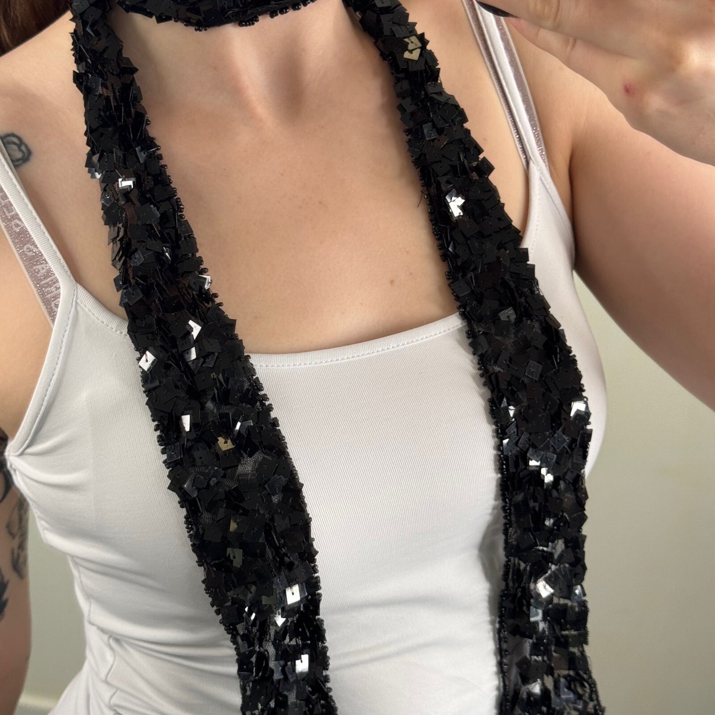 Y2K vintage scarf sequin skinny thin beaded mesh
