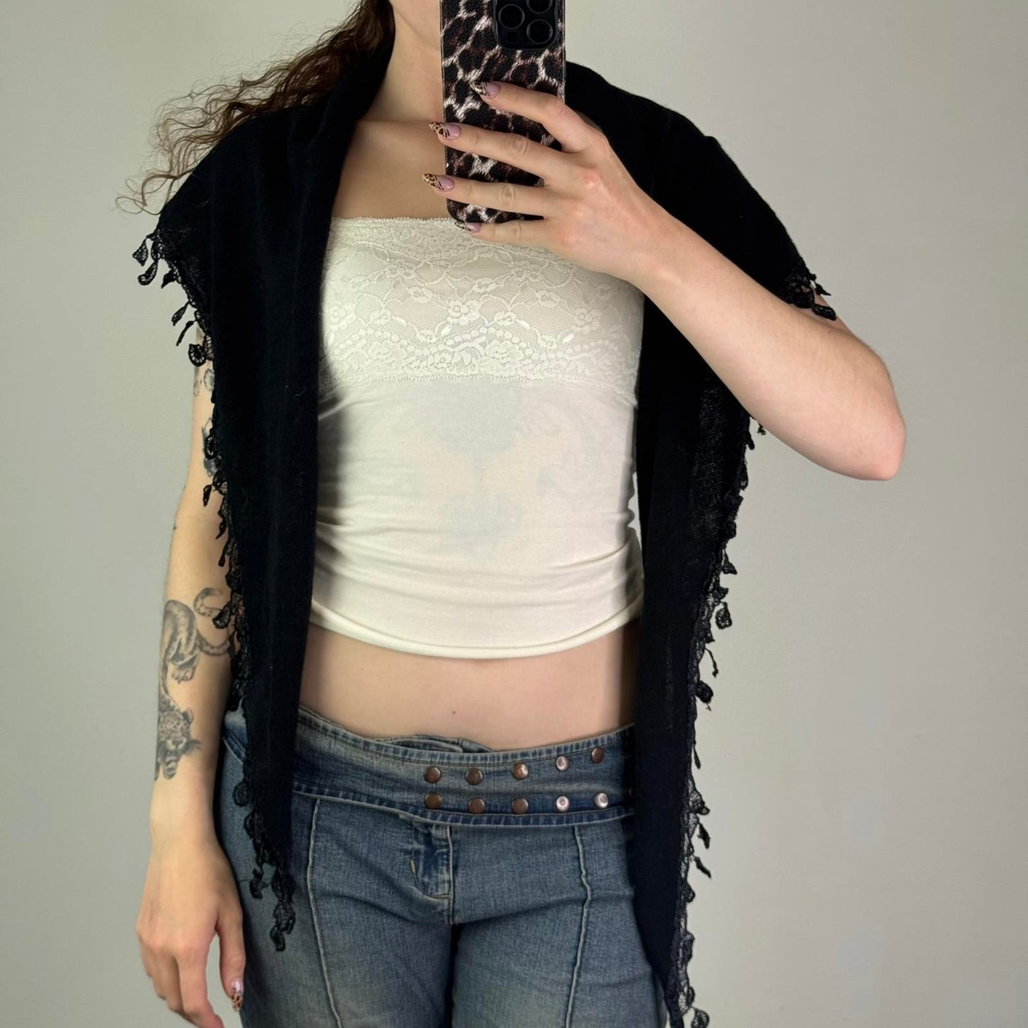 Y2K vintage fine knit 3D rose tassel cover up shawl hanky hem