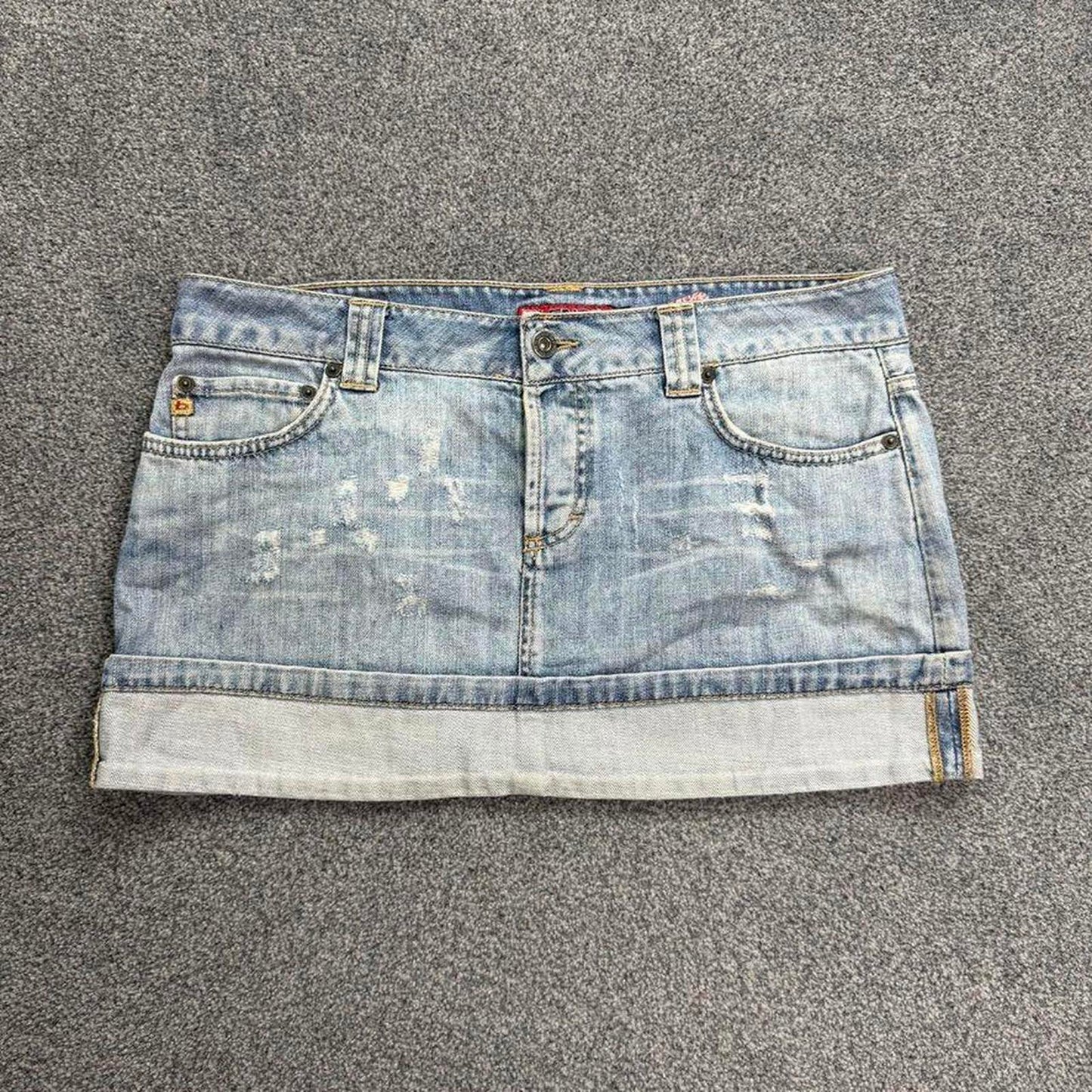Y2K vintage low rise distressed denim two tone mini skirt light blue wash