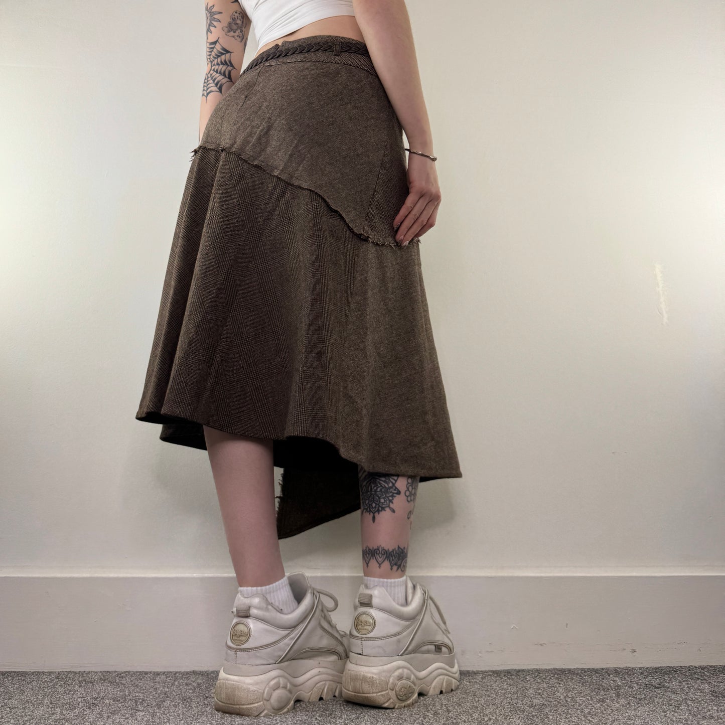 Y2K vintage asymmetrical tartan houndstooth midi skirt