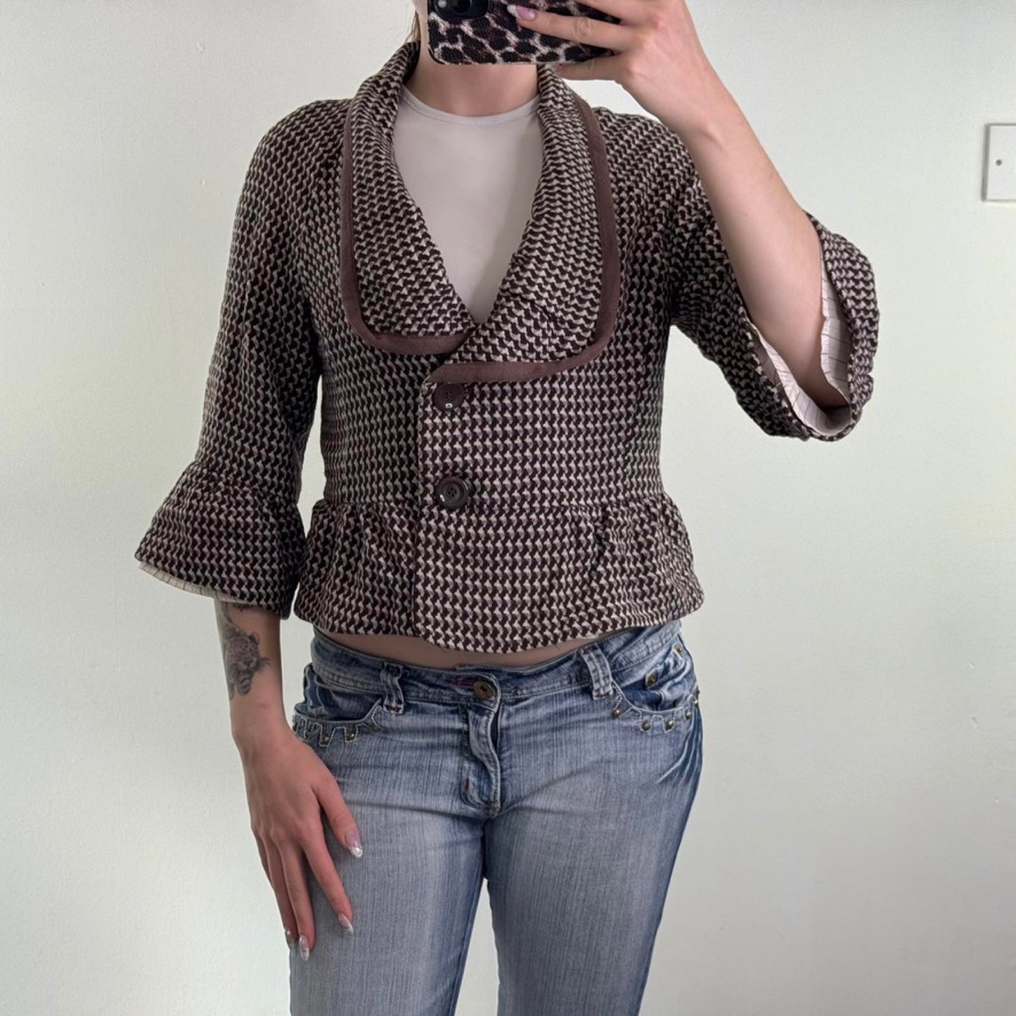 Y2K vintage wool blend cropped jacket frill flare hem v neck tailored pea