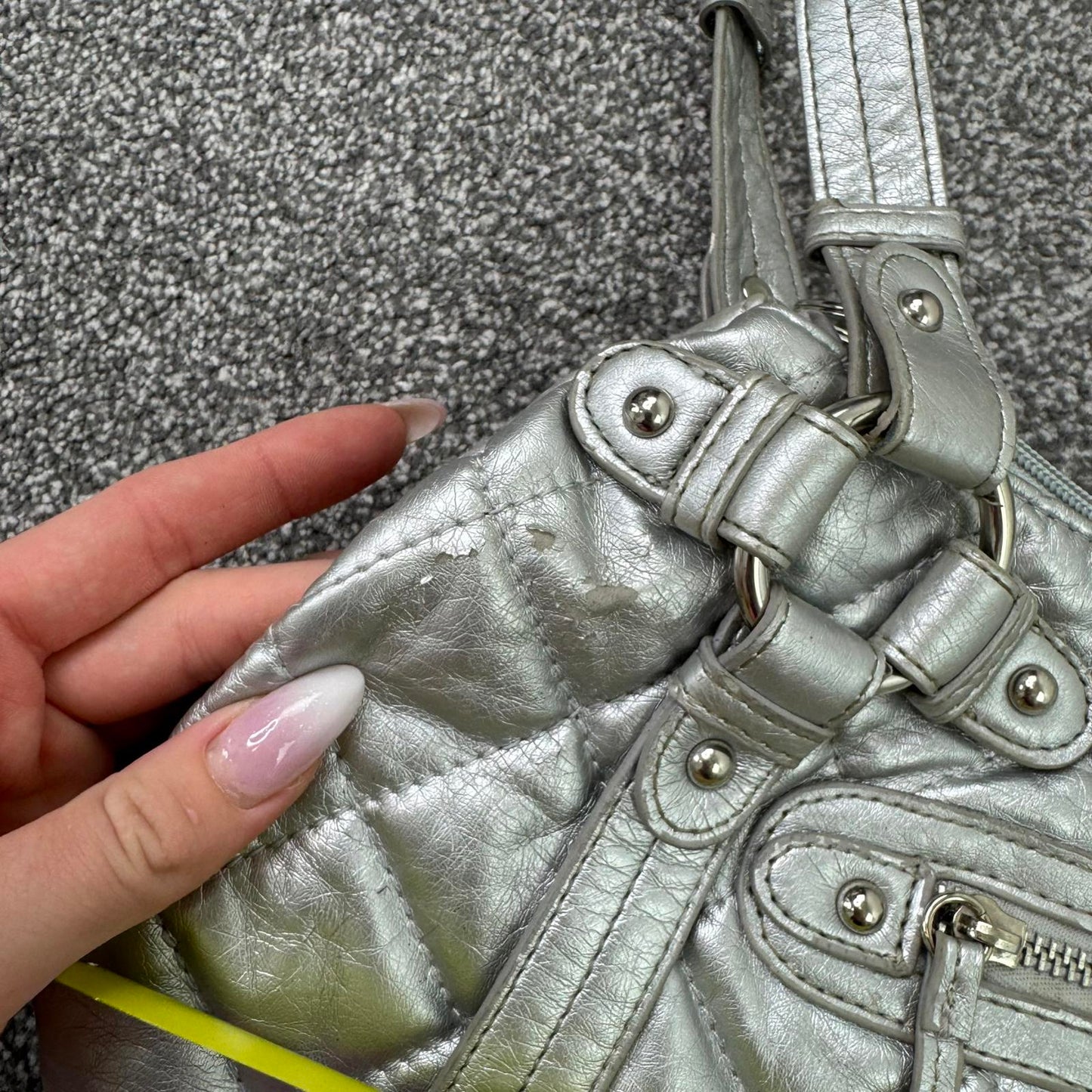 Y2K vintage faux leather silver shoulder bag quilted zipper studded O ring