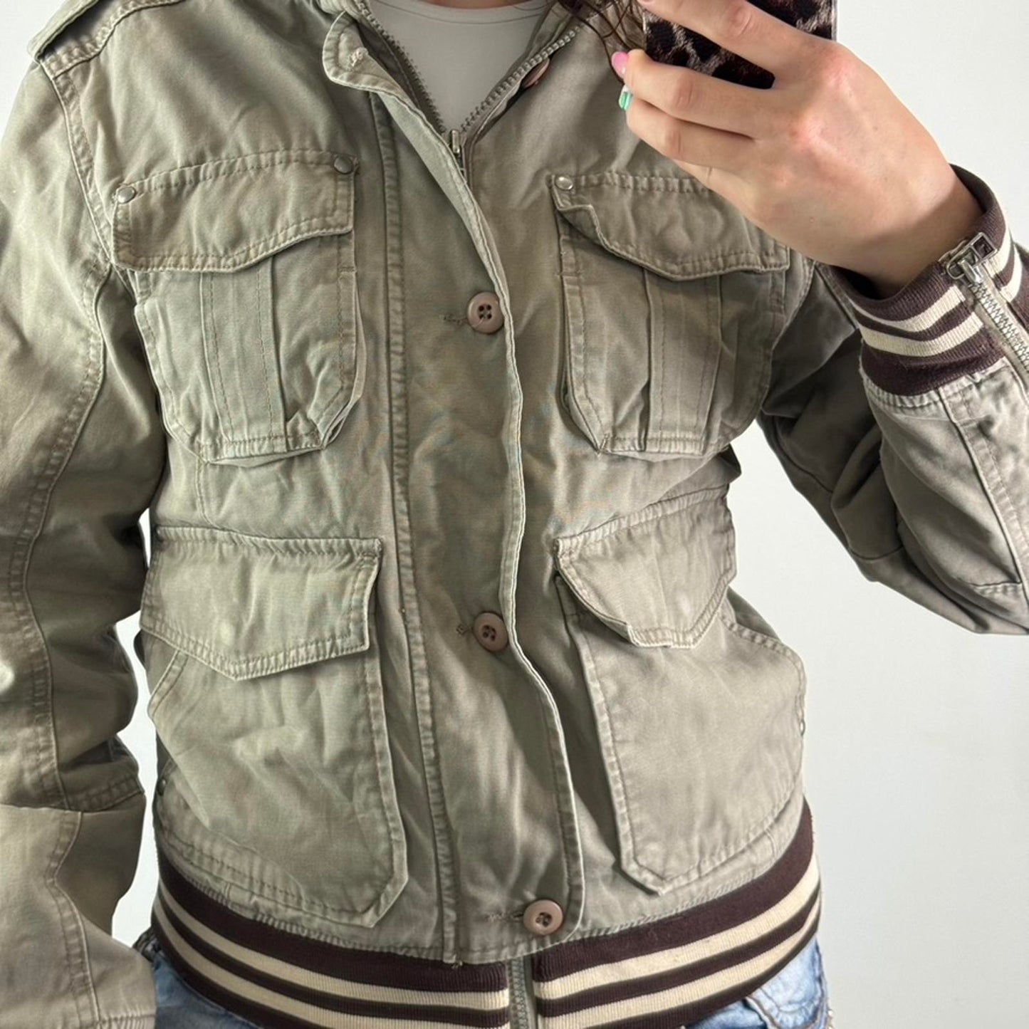 Y2K vintage denim zip button up bomber jacket stripe knit high neck unisex cargo