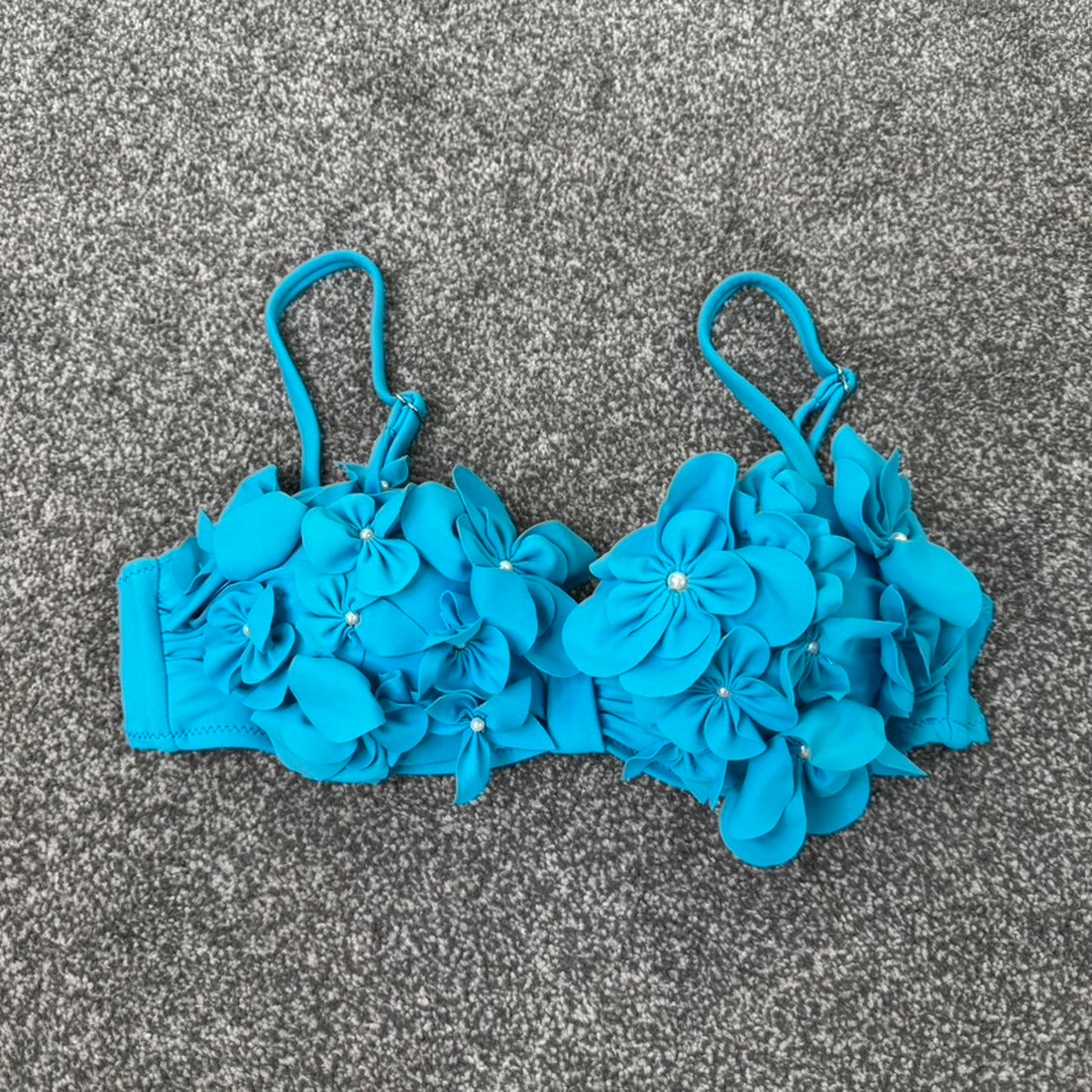 Y2K vintage bikini top 3D flowers underwire ruched strapless blue swimwear