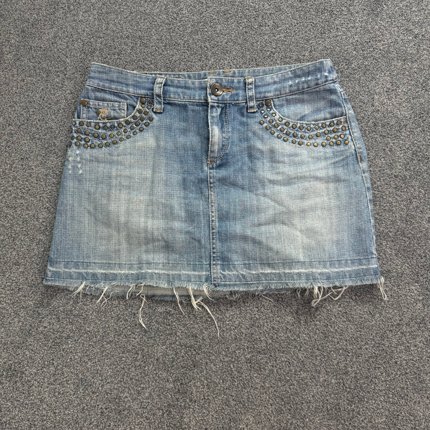 Y2K vintage studded embroidery faded denim low rise mini skirt