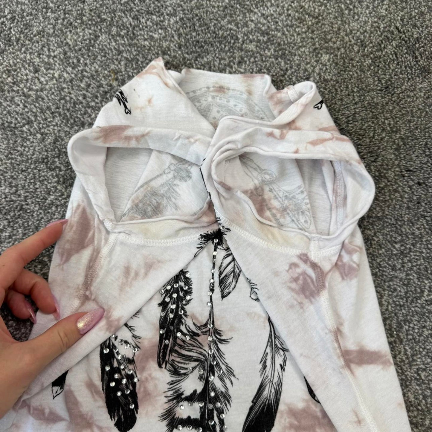 Y2K vintage feather rhinestone tie dye open neck top off the shoulder 2010s