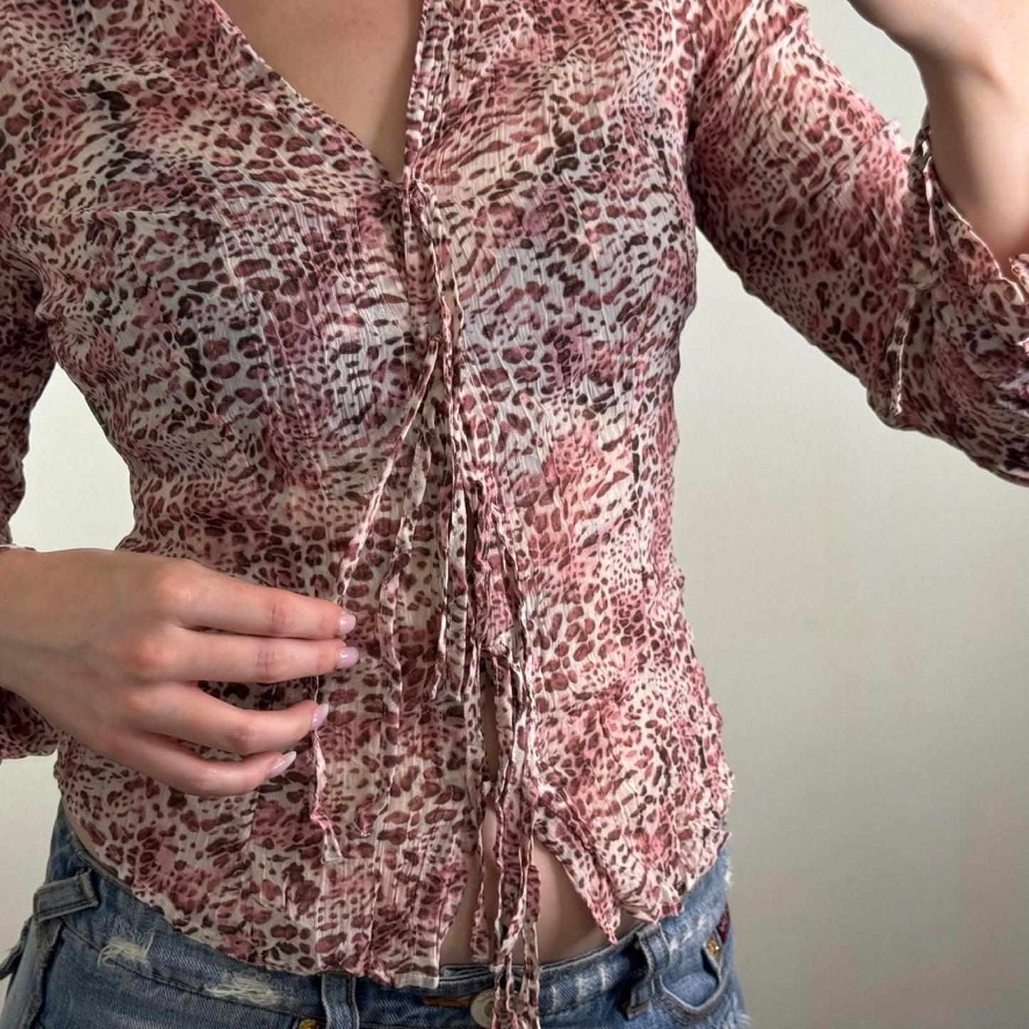 Y2K vintage Per Una leopard print long sleeve blouse shirt crinkle bow v neck