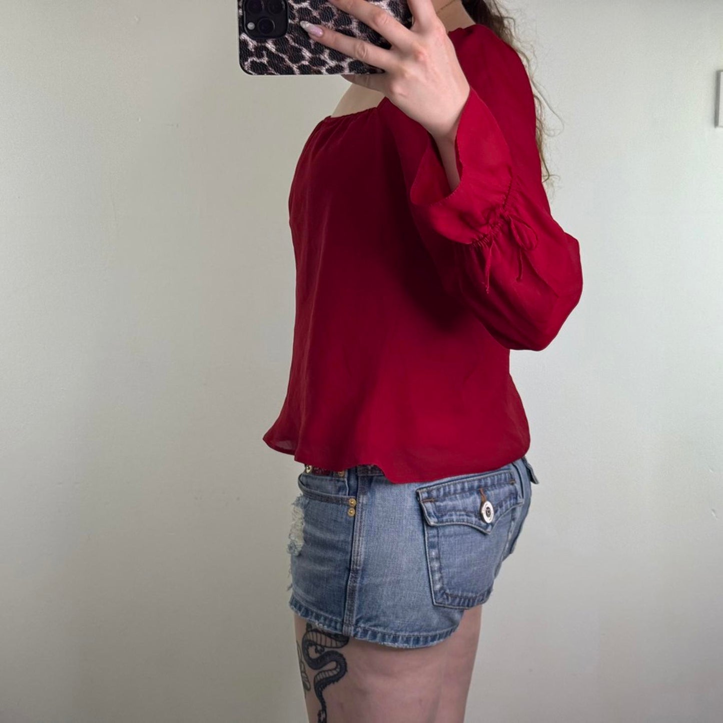 Y2K vintage long sleeve blouse milkmaid square neck top red ruched