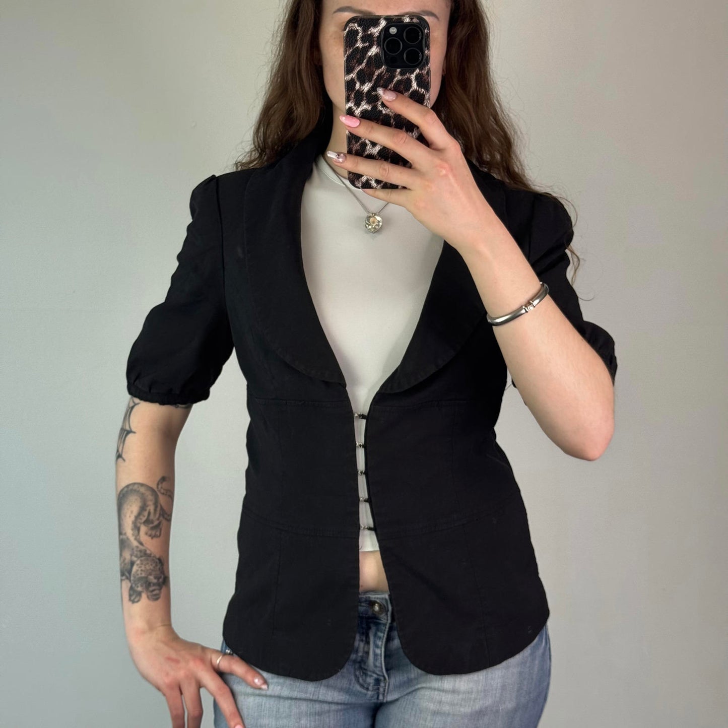 Y2K vintage hook and eye blazer short puff sleeve v neck collar office formal