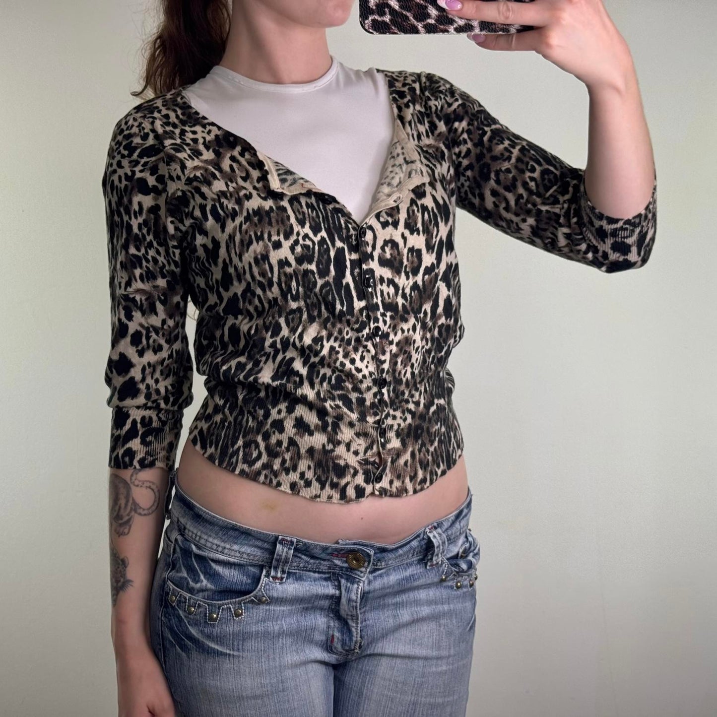 Y2K vintage New Look fine knit leopard print cardigan button up 3/4 sleeve
