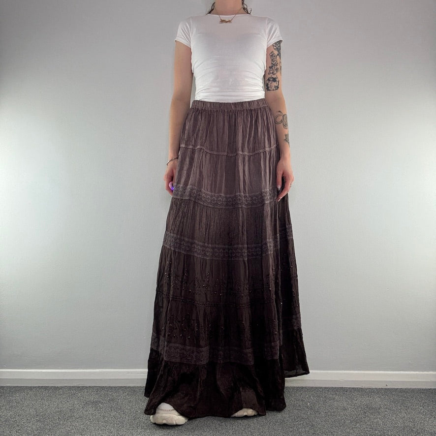 Y2K vintage boho ombre lace sequin trim maxi skirt