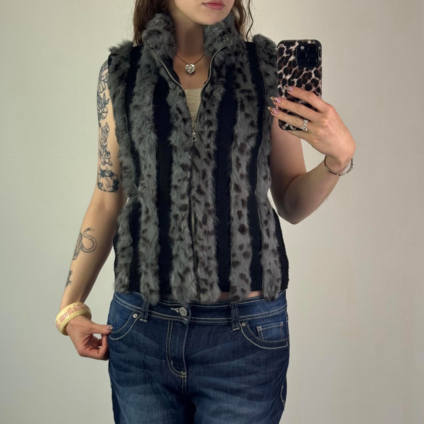 Y2K vintage genuine fur stripe knit sleeveless jacket zip up gilet polka dot