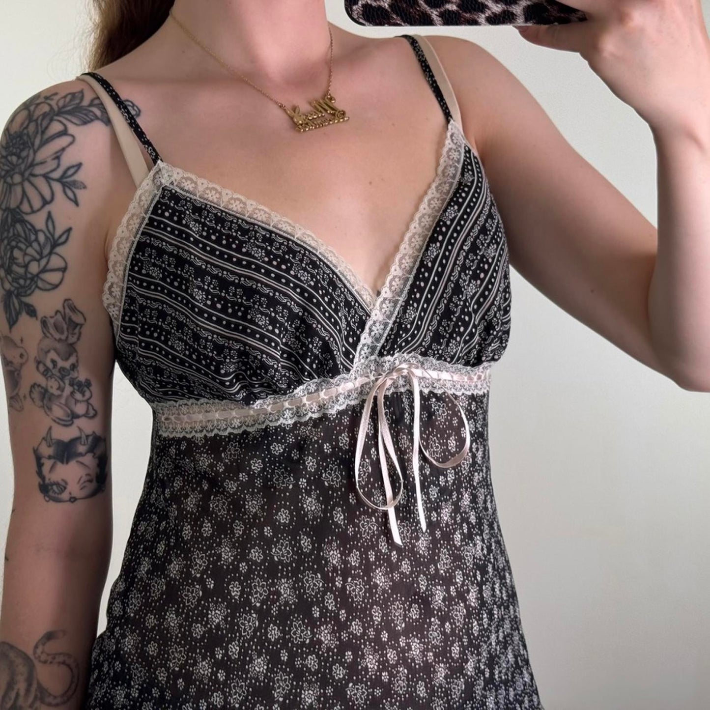 Y2K vintage sheer ditsy floral cami top lace trim black white baby pink strappy
