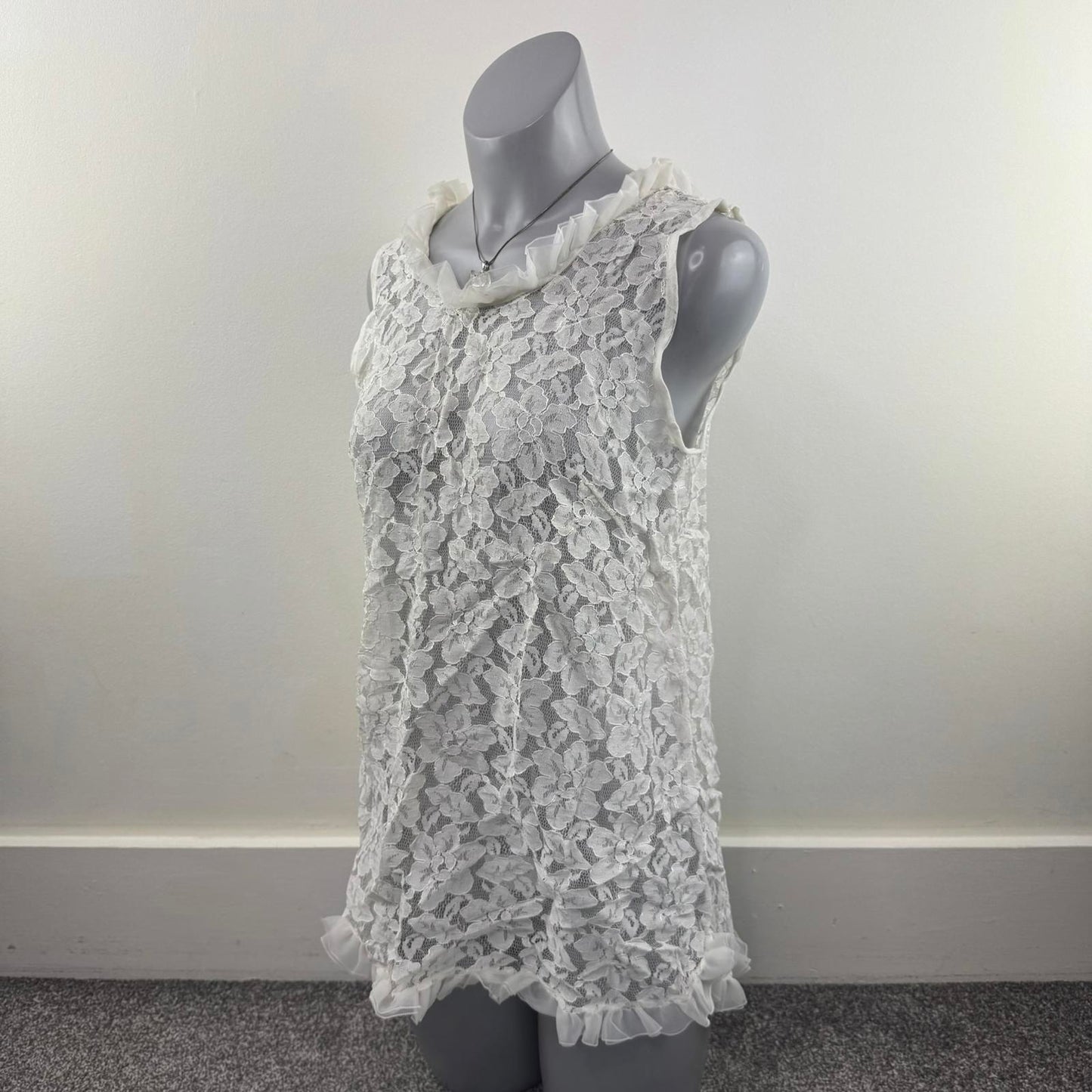 True vintage lace sheer long blouse sleeveless ruffle hem floral white coquette