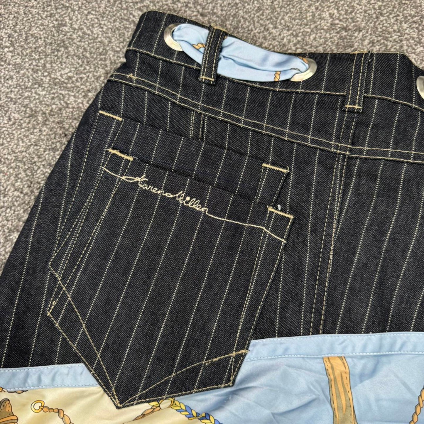 Y2K vintage Karen Millen denim pinstripe silk midi skirt asymmetrical ruffle