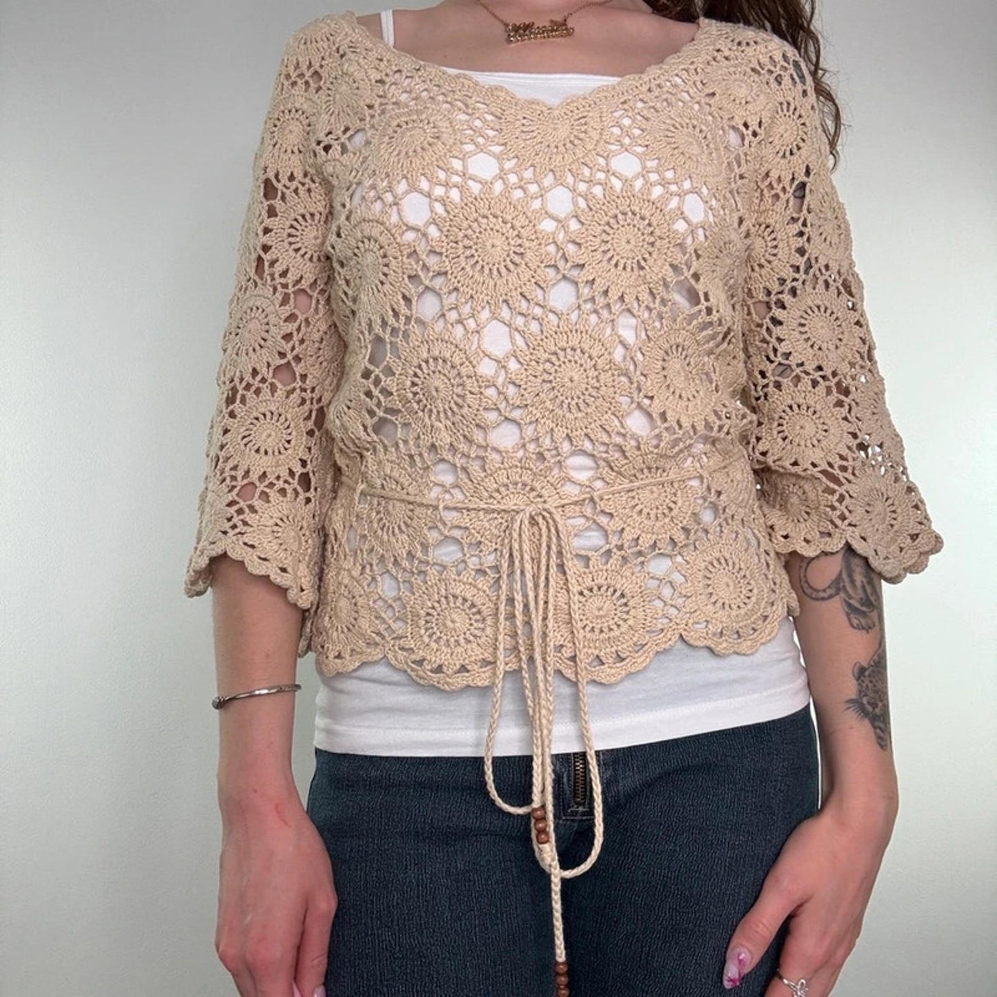 Y2K vintage crochet half sleeve bow top drawstring waist sheer floral cream