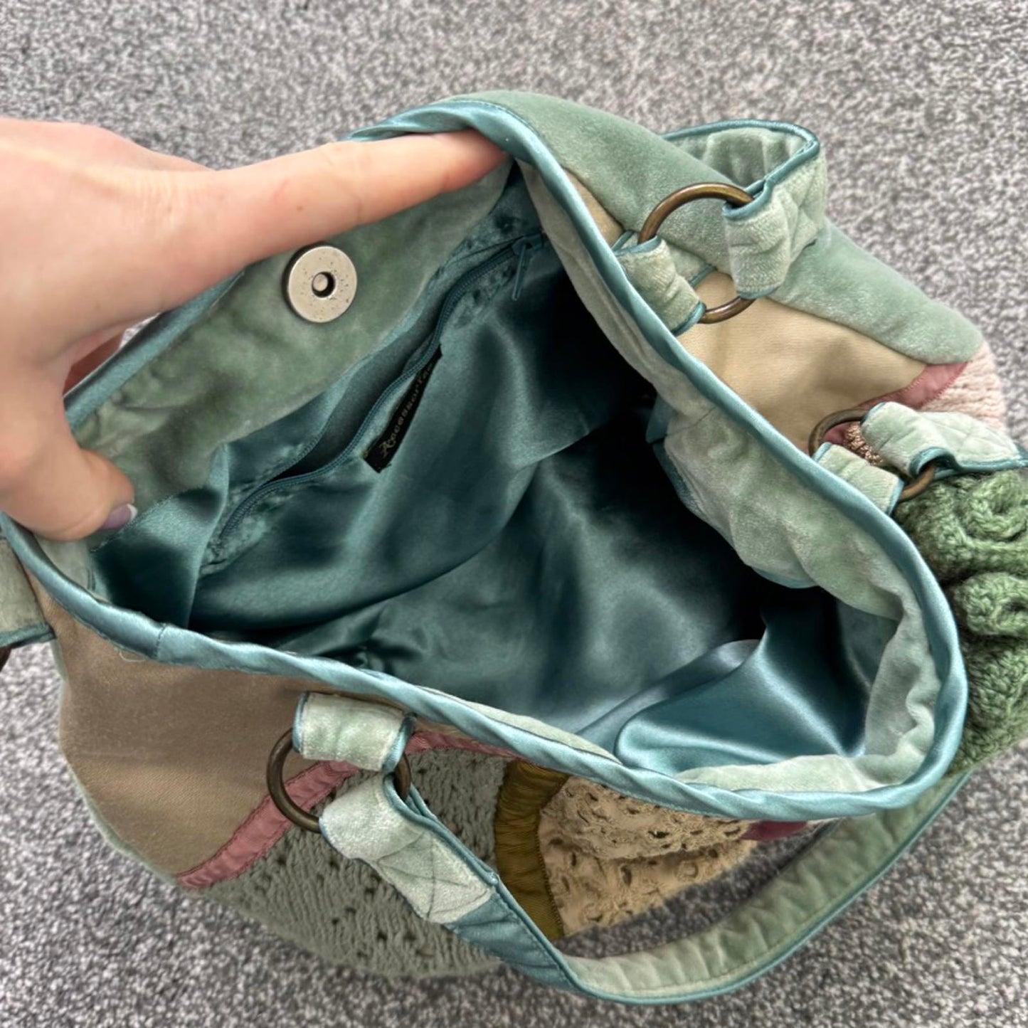 Y2K vintage patchwork shoulder bag crochet knit lace floral velour pastel multi