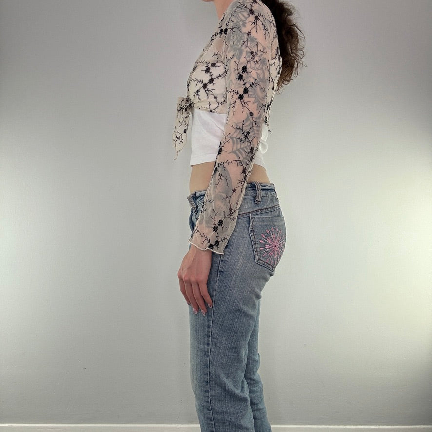 Y2K floral mesh cropped long sleeve cardigan