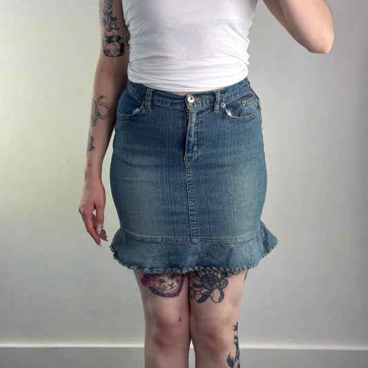 Y2K vintage Pilot faded denim mini skirt frill hem fitted stretchy