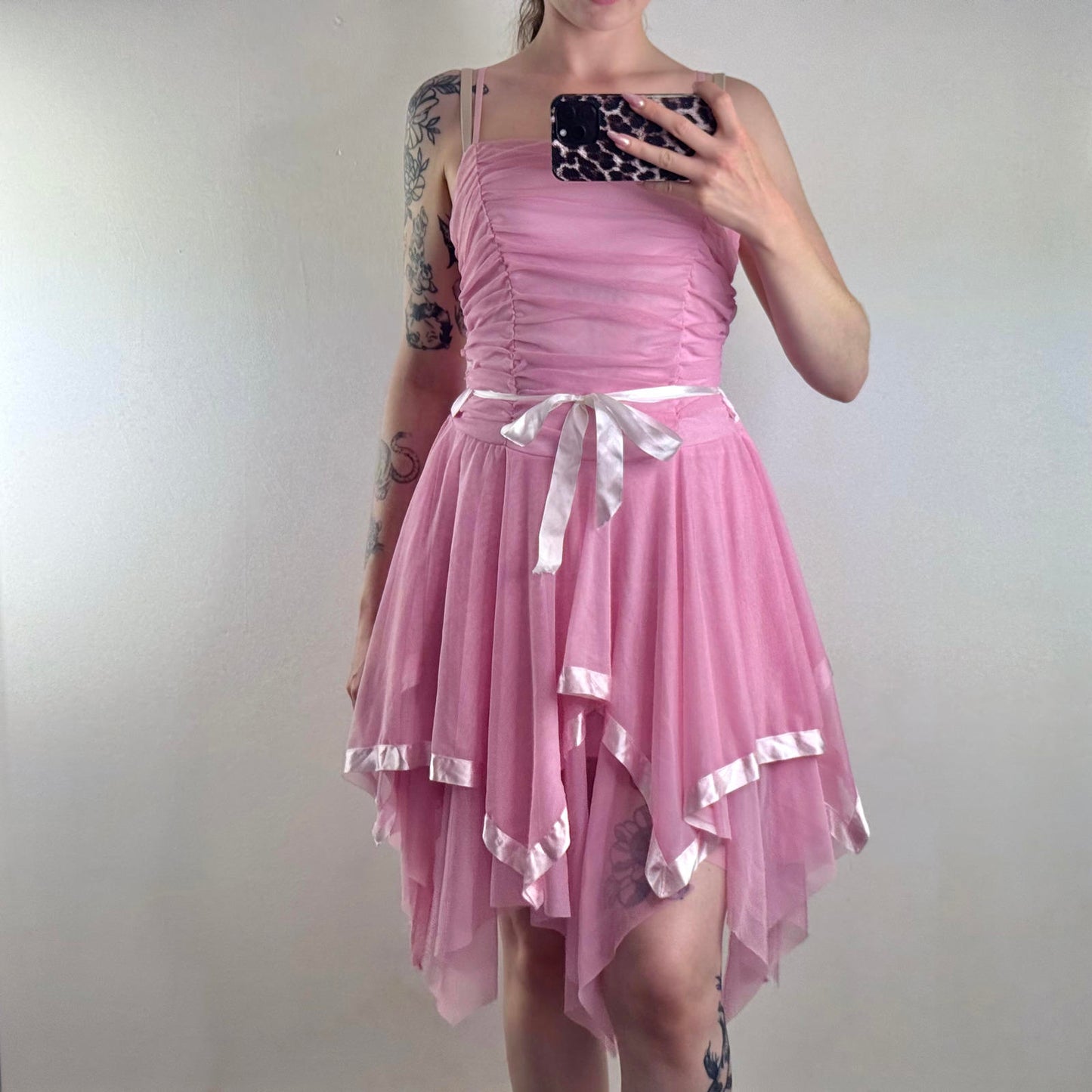 Y2K vintage fairy mesh asymmetrical midi dress layered ruffle satin baby pink