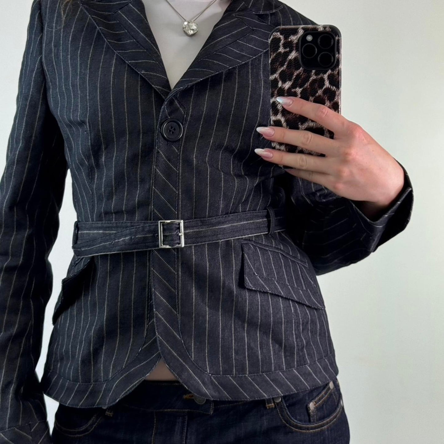 Y2K vintage Karen Millen navy denim pinstripe button up blazer jacket belt