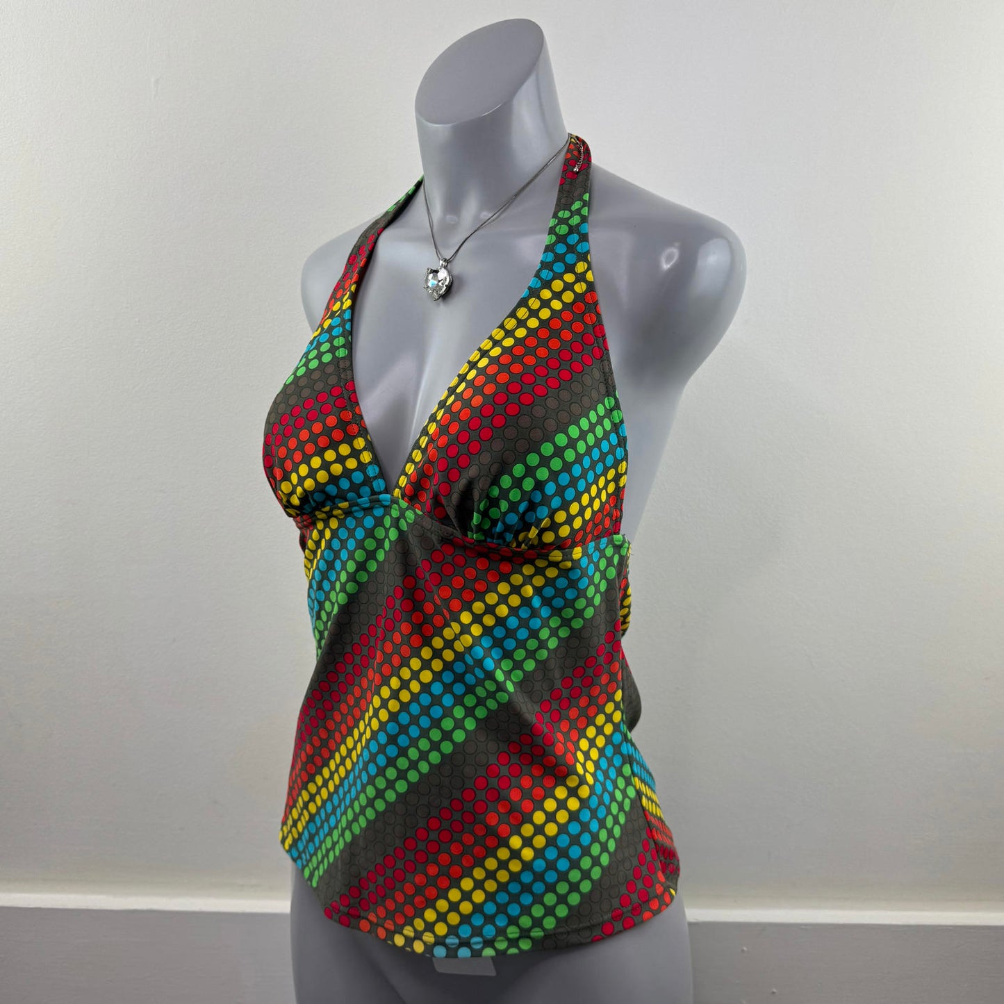 Y2K vintage polka dot halter neck swimwear top v neck padded cups multi rainbow