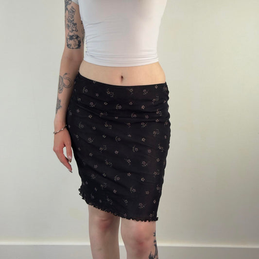 Y2K vintage stretchy mesh midi skirt black with lilac flowers floral print