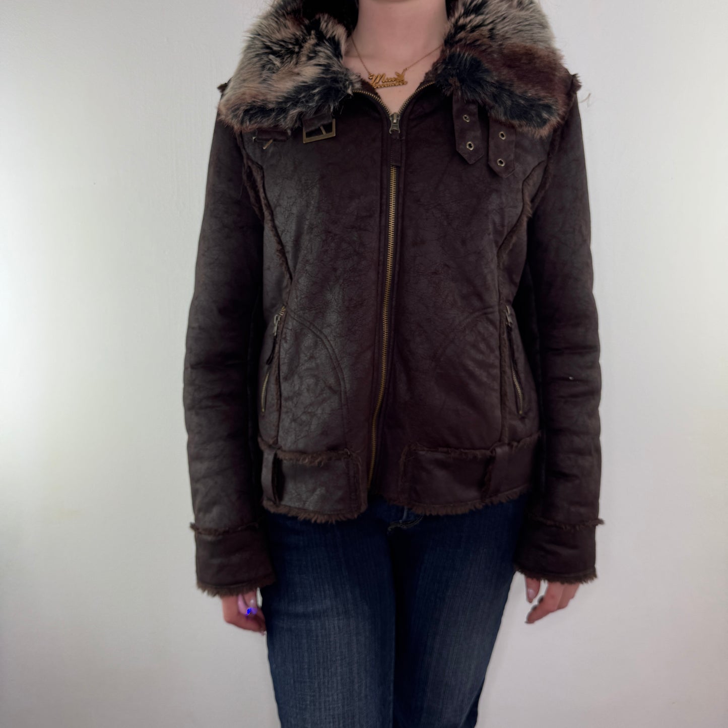 Y2K vintage faux suede zip up jacket faux fur collar trim