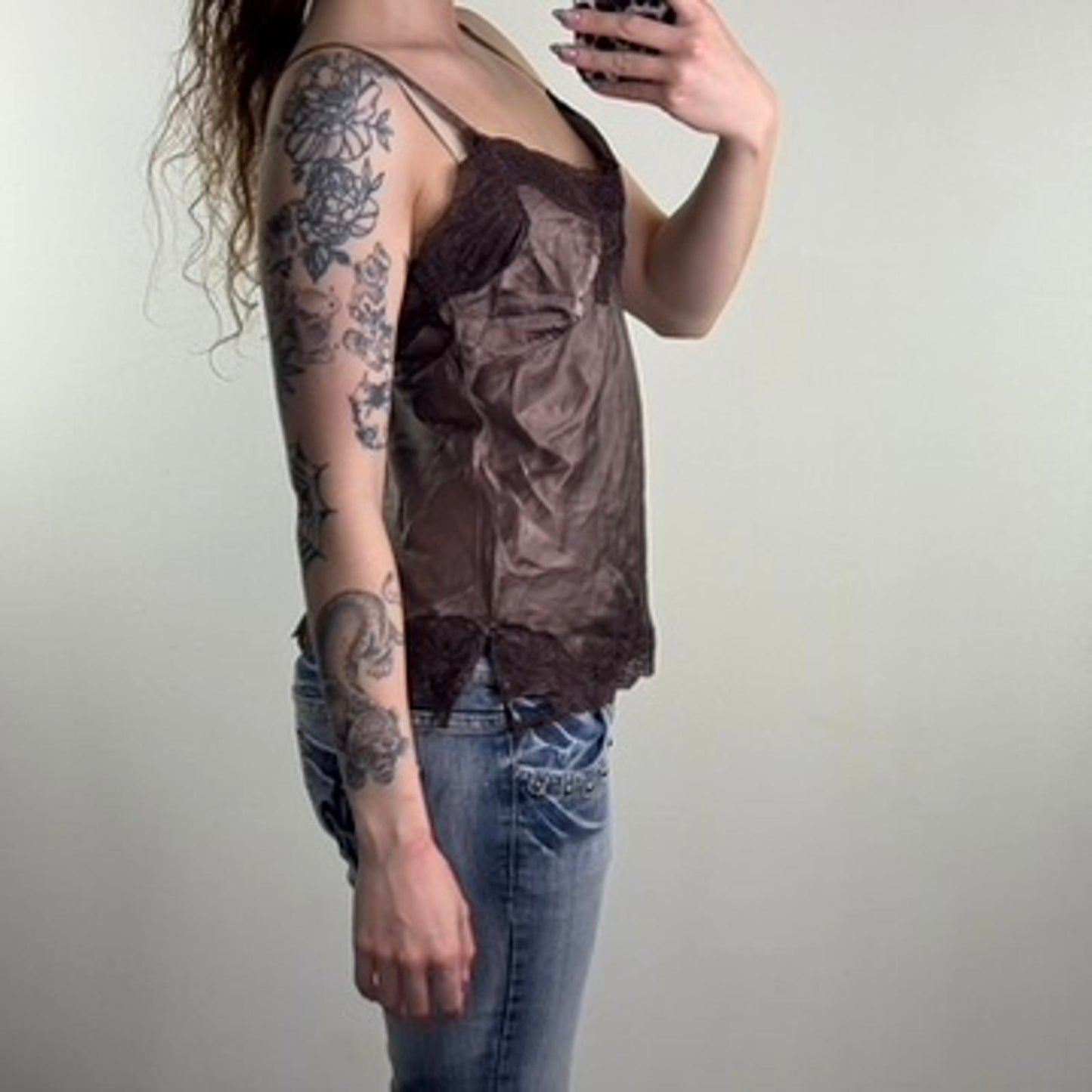 Y2K vintage 100% pure silk lace trim cami top strappy brown