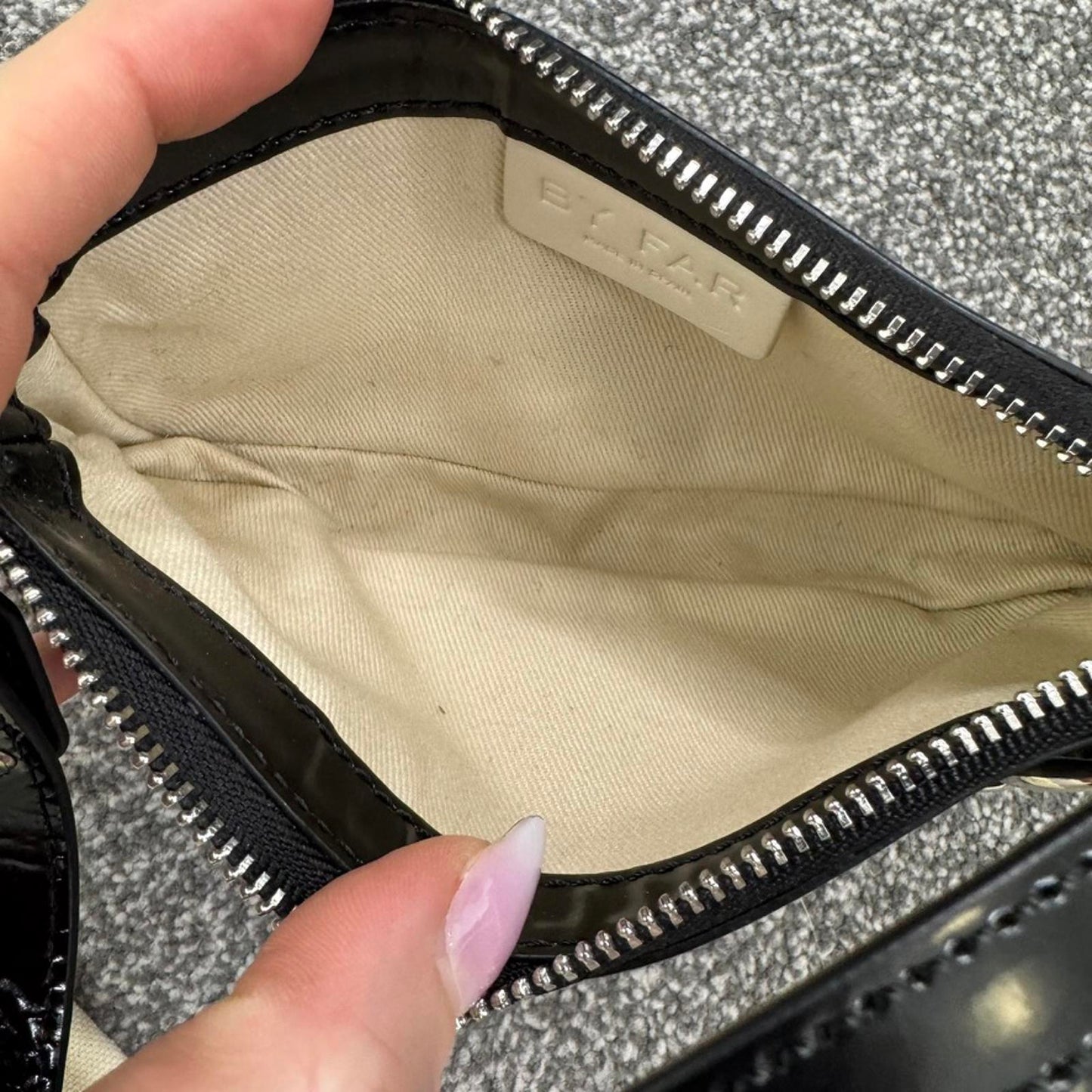 By FAR faux leather patent mini micro handbag chain small black silver dust bag